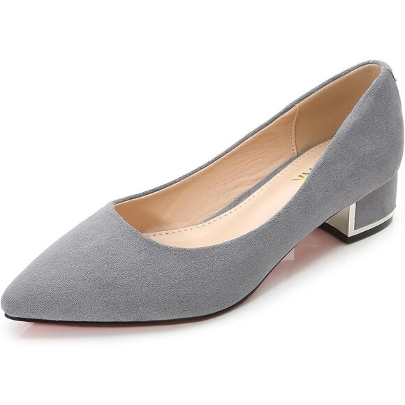 Women's Grey Suede Low Heels Stacked Block Heeled Causal Flats Pumps Shoes - Picture 1 of 7